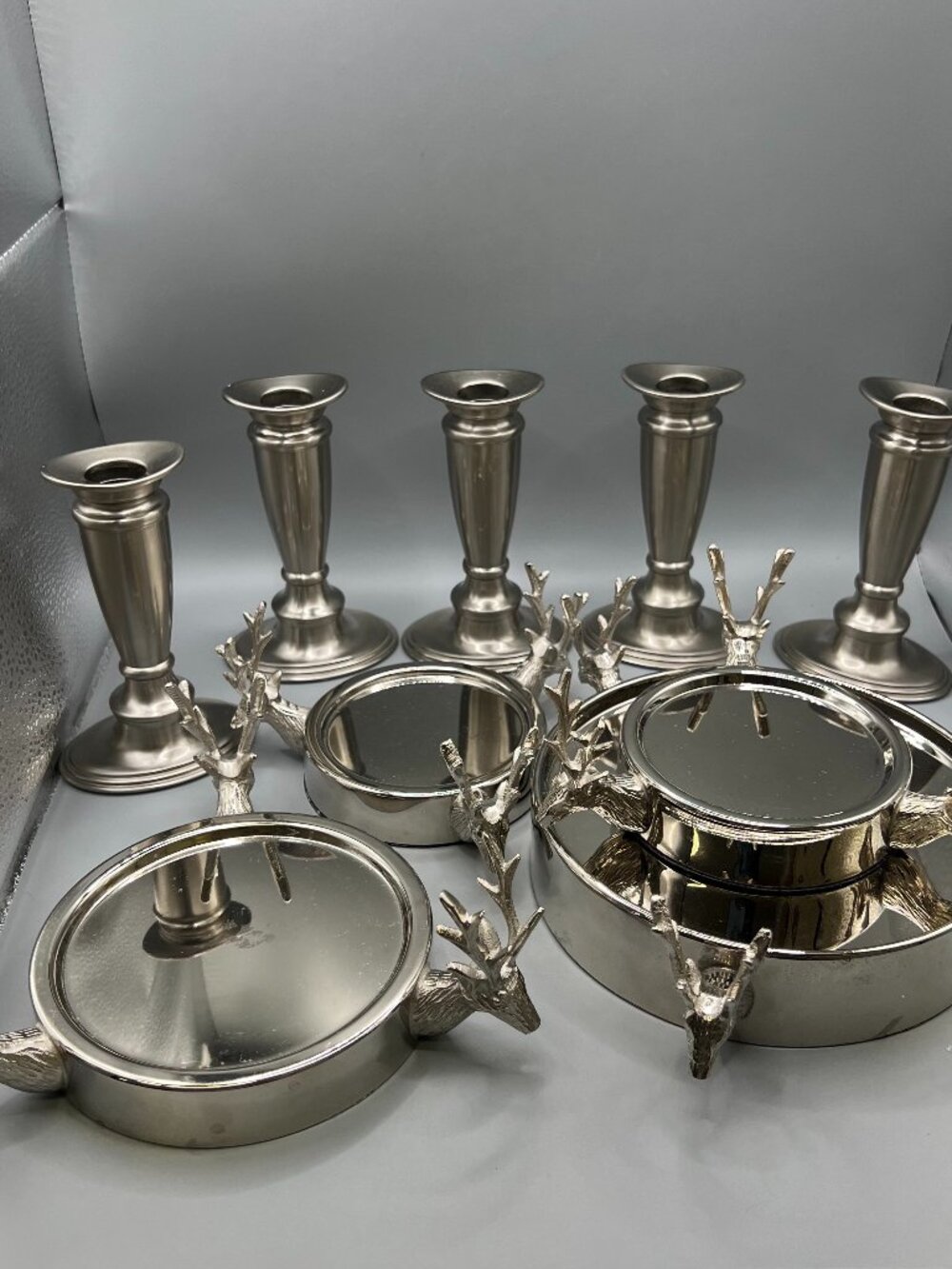 Christmas Faux Silver Candle Holders and Reindeer Decor Trays Lot of 9 Items